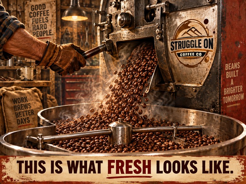 Freshly roasted coffee beans pouring from a drum roaster into a steel cooling tray.
