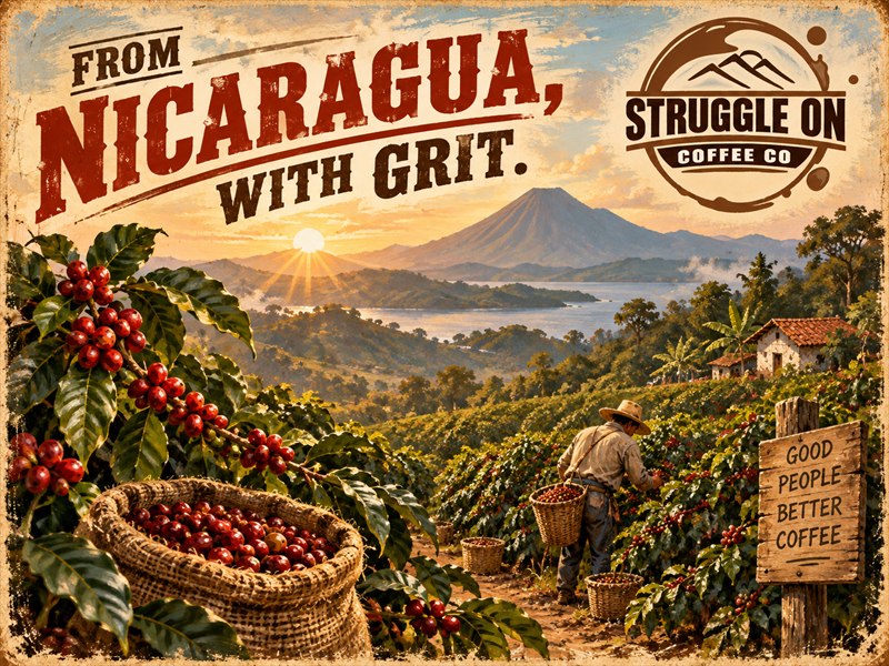 Illustrated Nicaraguan coffee harvest among highland coffee plants at sunrise.