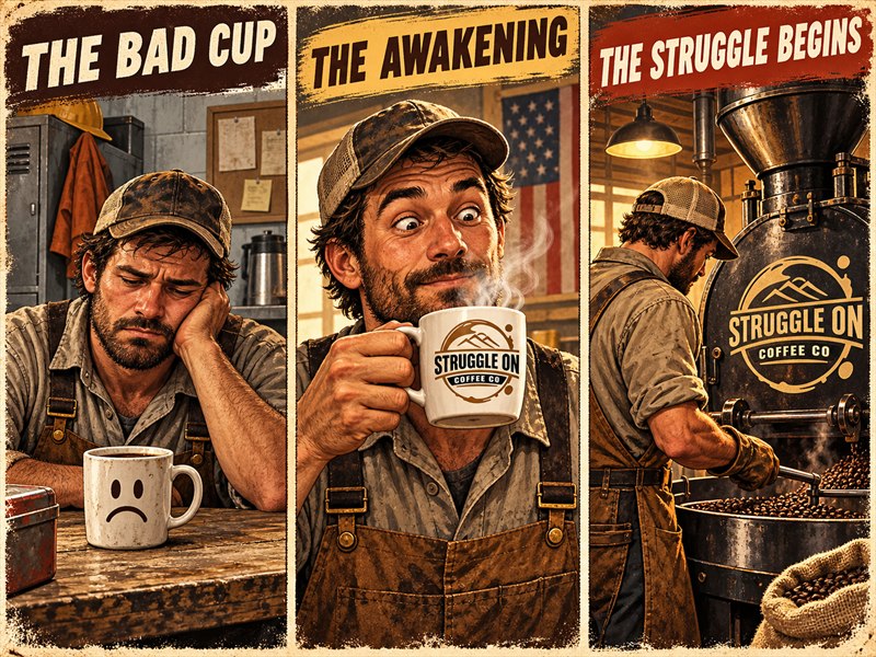 Three comic panels show a worker trying bad coffee, discovering a better cup, and roasting coffee.