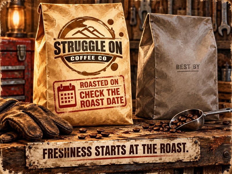 Struggle On coffee bag highlights the roast date beside a generic bag marked Best By.