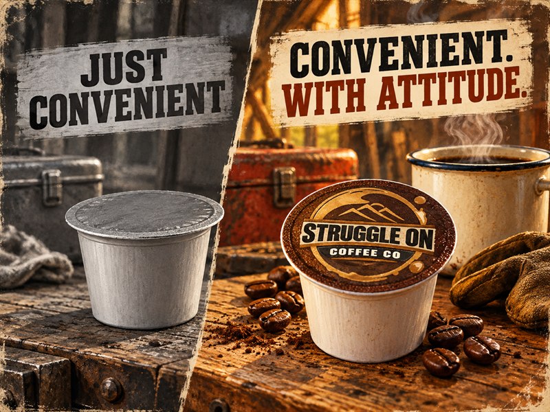 Generic coffee pod contrasted with a Struggle On pod and a warm cup of coffee.