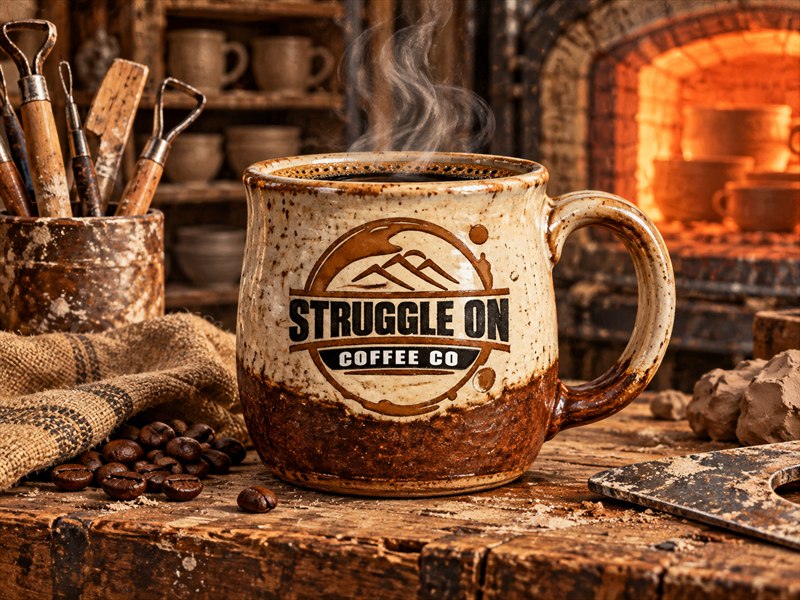 Illustrated handcrafted Struggle On stoneware mug filled with coffee on a pottery workbench.