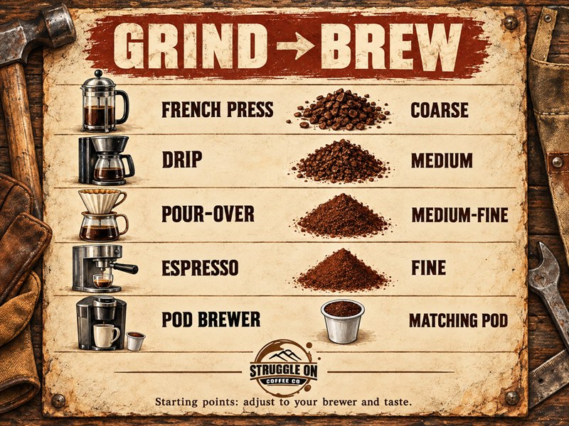 Grind guide: French press coarse, drip medium, pour-over medium-fine, espresso fine, and a matching pod for a pod brewer.