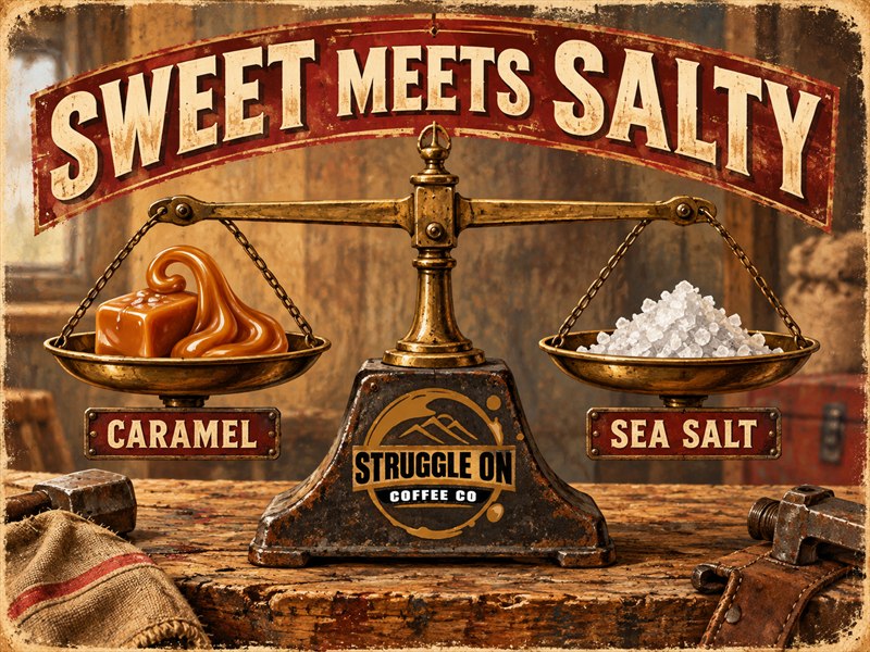 An old balance scale holds caramel and sea salt beneath Sweet Meets Salty.