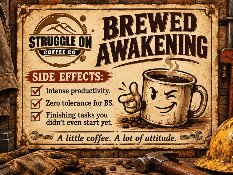 Brewed Awakening humor label lists intense productivity, zero tolerance for BS, and finishing tasks not yet started.